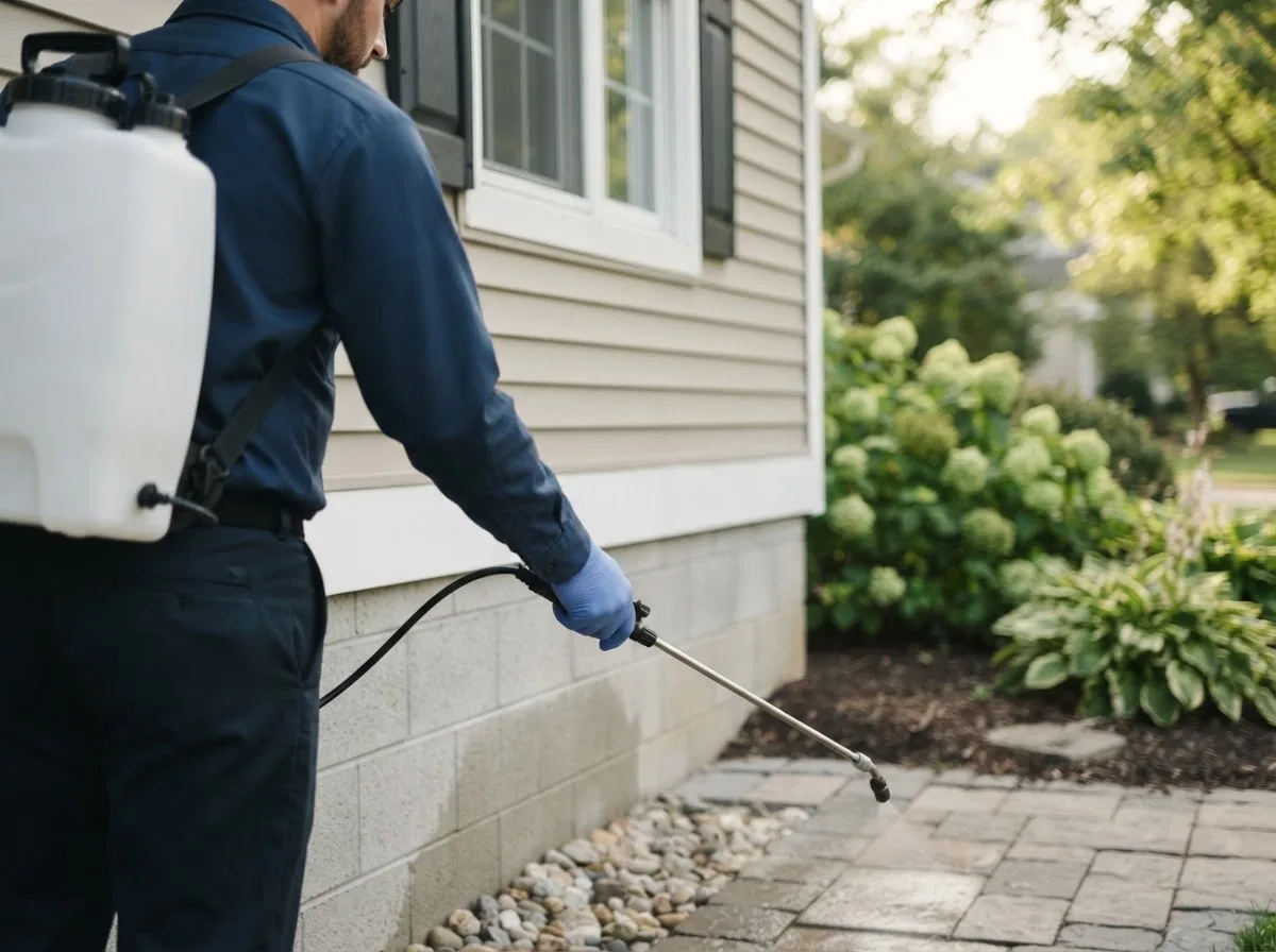 Pest control technician inspecting a home in Avalon, TX